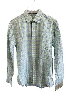 Bugatchi Light Green and Blue Plaid Button-Down Shirt